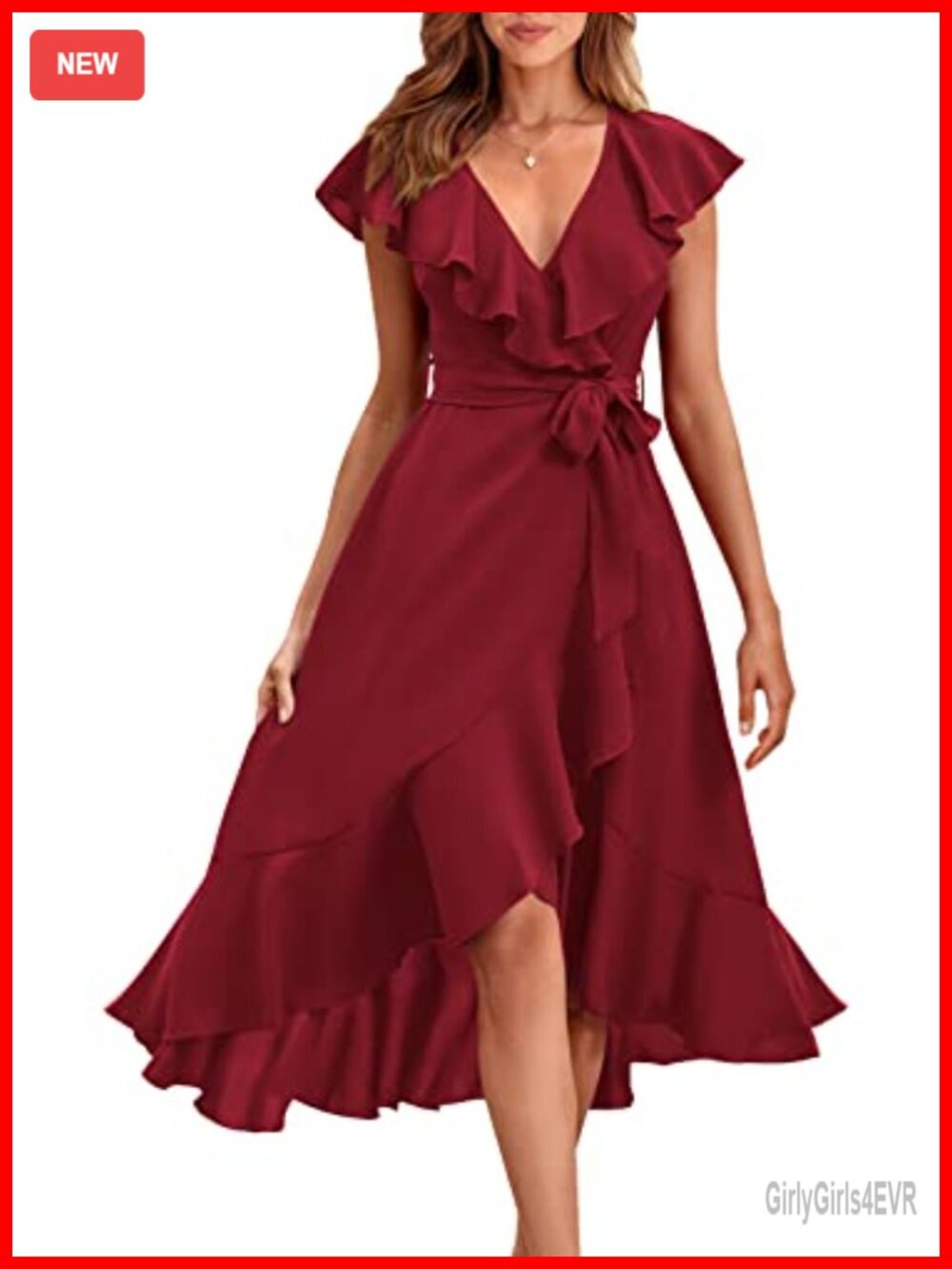 Women's Summer Midi Dress V-Neck Ruffle Hem Tie Waist Boho Beach